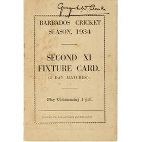 BARBADOS CRICKET SEASON 1934 (2ND XI FIXTURE CARD)