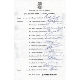 NEW ZEALAND TOUR OF ENGLAND 1978 (OFFICIAL TEAM SHEET)