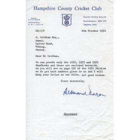 DESMOND EAGAR (GLOUCESTERSHIRE & HAMPSHIRE) 1974 CRICKET LETTER