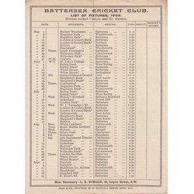 BATTERSEA CRICKET CLUB 1909 FIXTURE CARD