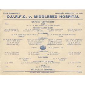 OXFORD UNIVERSITY V MIDDLESEX HOSPITAL 1945 RUGBY PROGRAMME