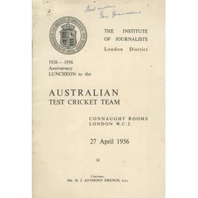 AUSTRALIAN TEST CRICKET TEAM 1956 SIGNED LUNCHEON MENU