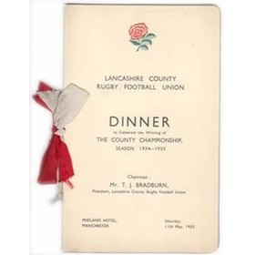 LANCASHIRE COUNTY RUGBY FOOTBALL UNION 1935 MENU CARD