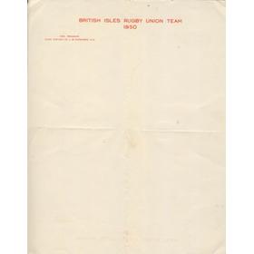 BRITISH LIONS 1950 HEADED PAPER (BLANK)