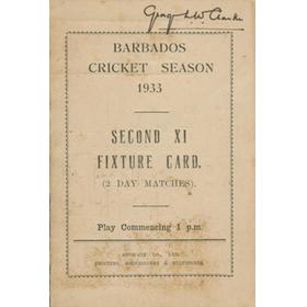 BARBADOS CRICKET SEASON 1933 (SECOND XI FIXTURE CARD)