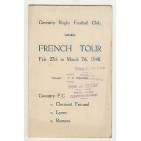 COVENTRY R.F.C. TOUR OF FRANCE 1946 SIGNED ITINERARY CARD