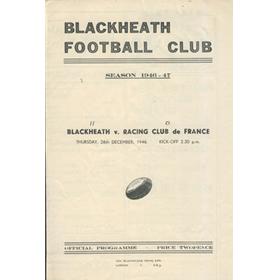 BLACKHEATH V RACING CLUB DE FRANCE 1946 RUGBY PROGRAMME