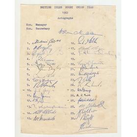 BRITISH LIONS TOUR TO SOUTH AFRICA 1962 AUTOGRAPH SHEET