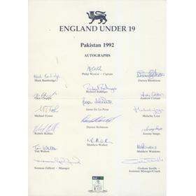ENGLAND UNDER 19 1992 SIGNED CRICKET TEAM SHEET