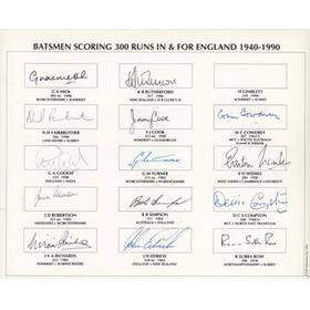 BATSMEN WHO HAVE SCORED 300 RUNS IN & FOR ENGLAND (1940-1990) SIGNED CRICKET SHEET