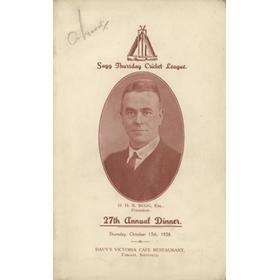 ARTHUR WOOD (YORKSHIRE) 1938 SIGNED CRICKET MENU