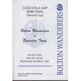 BOLTON WANDERERS V SWINDON TOWN 1995 (LEAGUE CUP SEMI FINAL) FOOTBALL PROGRAMME