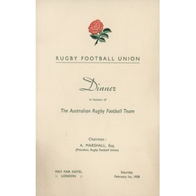 ENGLAND V AUSTRALIA 1958 RUGBY DINNER MENU