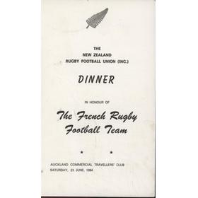 NEW ZEALAND V FRANCE 1984 RUGBY UNION DINNER MENU