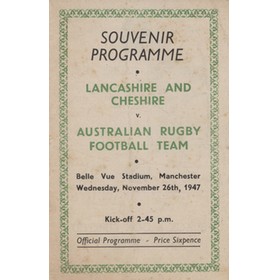 LANCASHIRE & CHESHIRE V AUSTRALIA 1947 RUGBY UNION PROGRAMME 