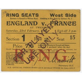 ENGLAND V FRANCE 1924 RUGBY UNION TICKET (ENGLAND GRAND SLAM)