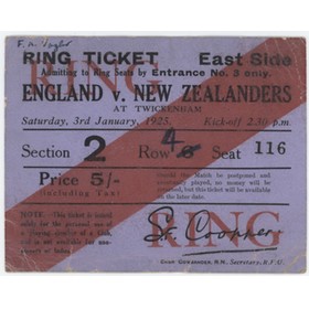 ENGLAND V NEW ZEALAND 1925 RUGBY UNION TICKET (THE INVINCIBLES)