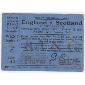 ENGLAND V SCOTLAND 1926 RUGBY UNION TICKET